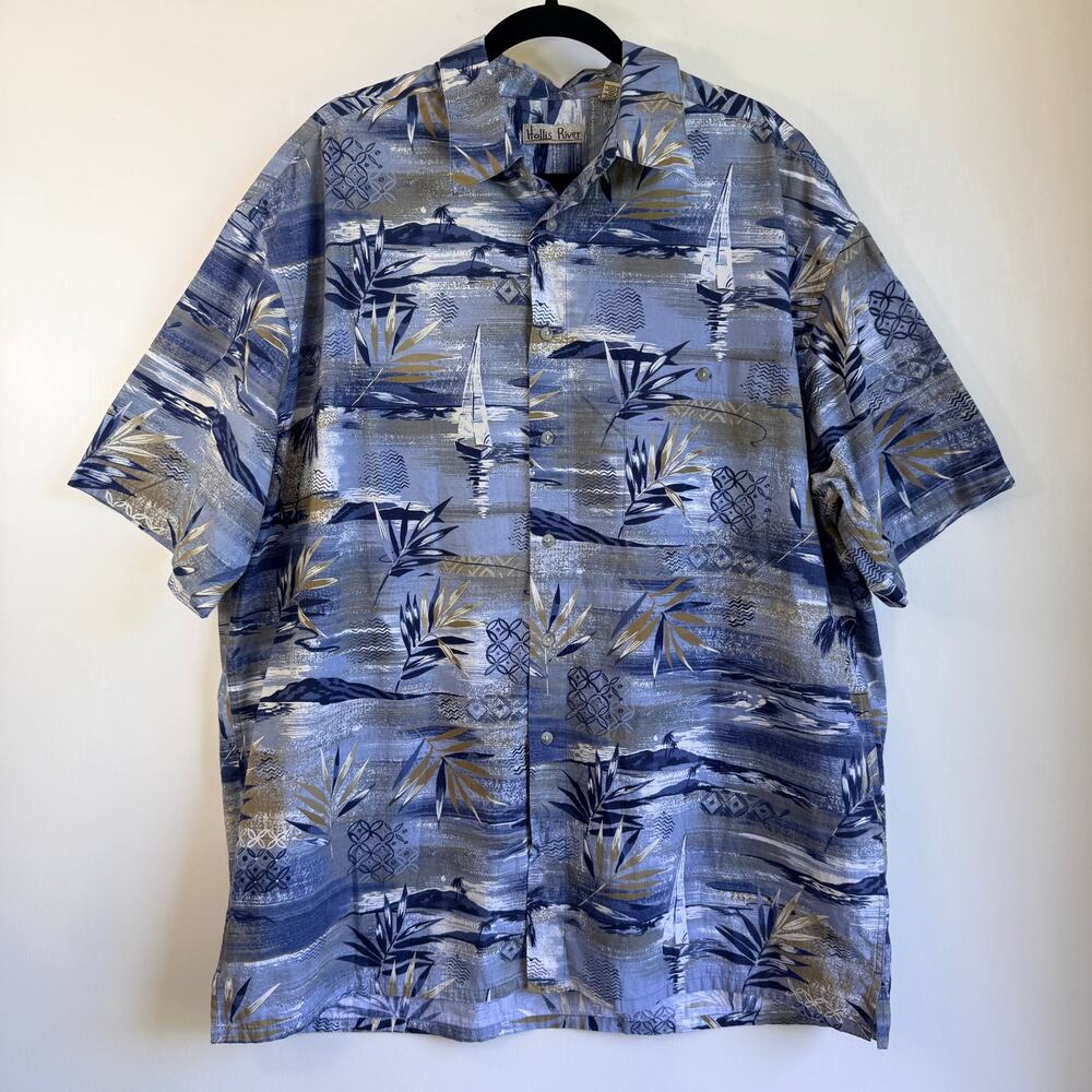 Hollis River Mens XLT Hawaiian Shirt Blue 100% Cotton Palm Tree Graphic Casual